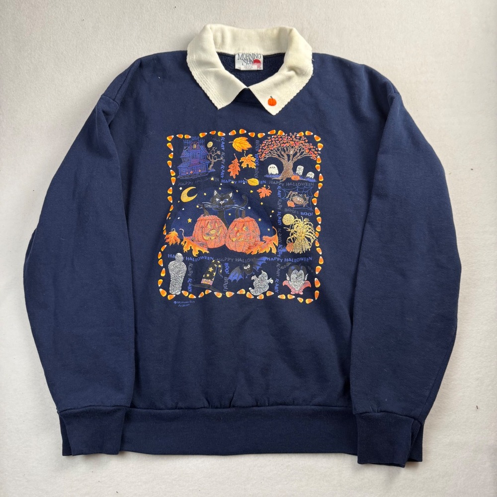 Vintage Morning Sun Halloween Collared Sweatshirt Navy Blue Pumpkin Cat 1X USA